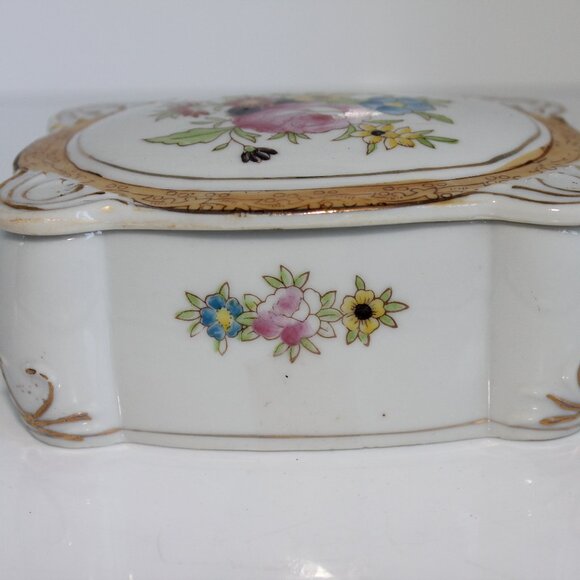 Russetti Trinket Box Hand Painted Floral Gold Porcelain Vintage Occupied Japan - Picture 2 of 9